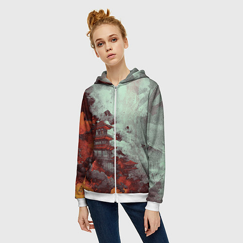 Женская толстовка на молнии Башня в облаках / 3D-Белый – фото 3