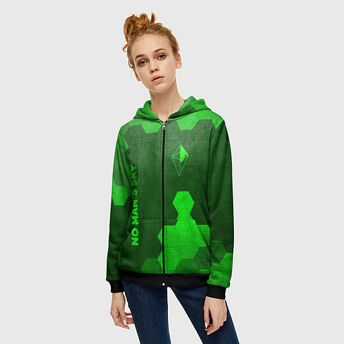 Женская толстовка на молнии No Mans Sky - green gradient вертикально / 3D-Черный – фото 3