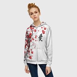 Толстовка на молнии женская Сакура с иероглифом Любовь, цвет: 3D-белый — фото 2
