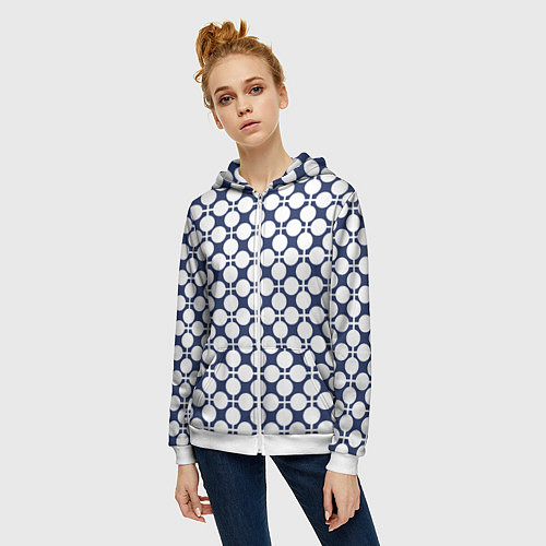 Женская толстовка на молнии Серо-белый узор в клетку и горох ретро / 3D-Белый – фото 3