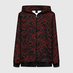 Женская толстовка на молнии Чёрный с красными волнистыми линиями абстракция