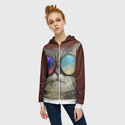 Женская толстовка на молнии A Cat with multicolored glasses / 3D-Белый – фото 3