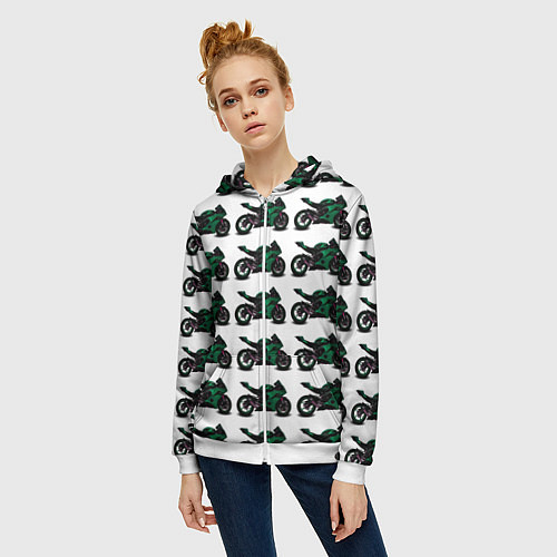 Женская толстовка на молнии Motorbike dark green / 3D-Белый – фото 3