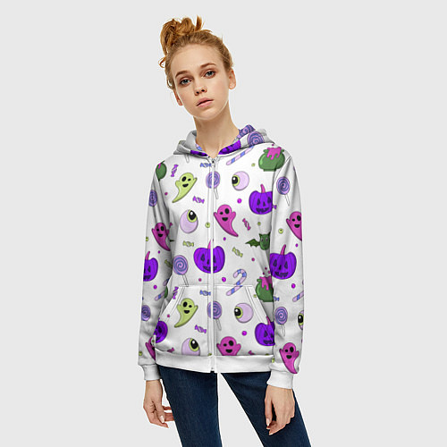 Женская толстовка на молнии Halloween purple pumpkin pattern / 3D-Белый – фото 3