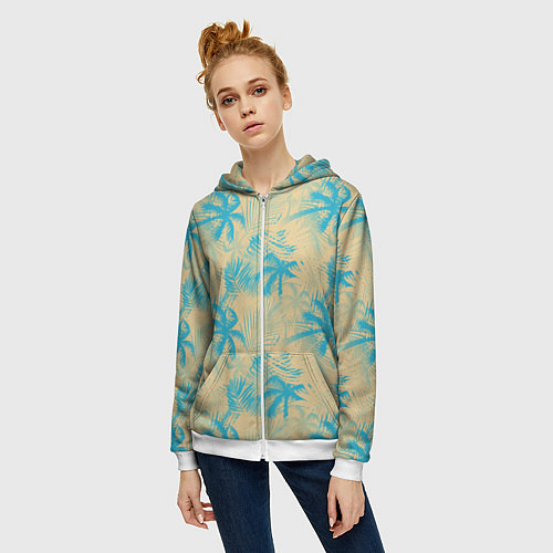 Женская толстовка на молнии Palm light blue beige / 3D-Белый – фото 3