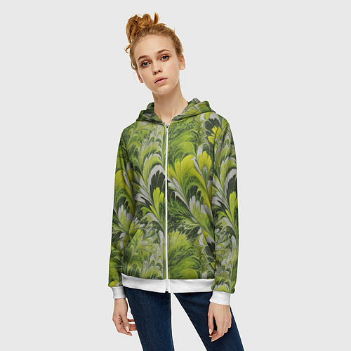 Женская толстовка на молнии Мраморный абстрактный паттерн - зеленые и желтые о / 3D-Белый – фото 3
