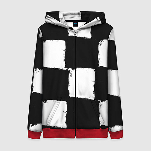 Женская толстовка на молнии Черные квадраты в виде шахматной доски / 3D-Красный – фото 1