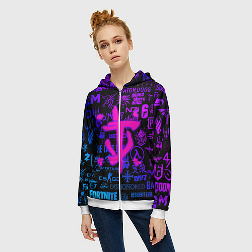 Женская толстовка на молнии Doom логотипы игр неон / 3D-Белый – фото 3