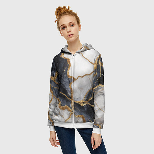 Женская толстовка на молнии Мрамор белый и черный с золотом / 3D-Белый – фото 3