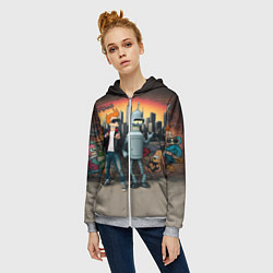 Толстовка на молнии женская Фрай и Бендер на фоне стены с граффити, цвет: 3D-меланж — фото 2