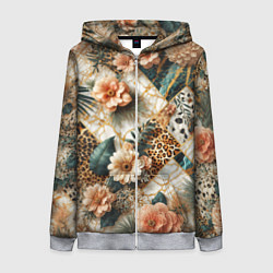 Толстовка на молнии женская Цветы на кусках мрамора и леопардовом узоре, цвет: 3D-меланж
