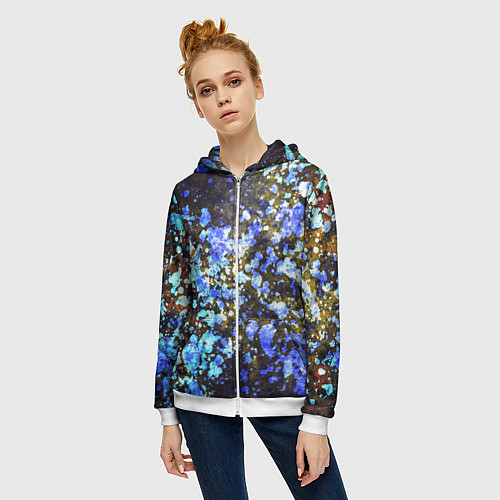 Женская толстовка на молнии Абстракция - blue and white spots on a dark backgr / 3D-Белый – фото 3