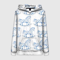 Толстовка на молнии женская Лошадка качалка гжель, цвет: 3D-белый