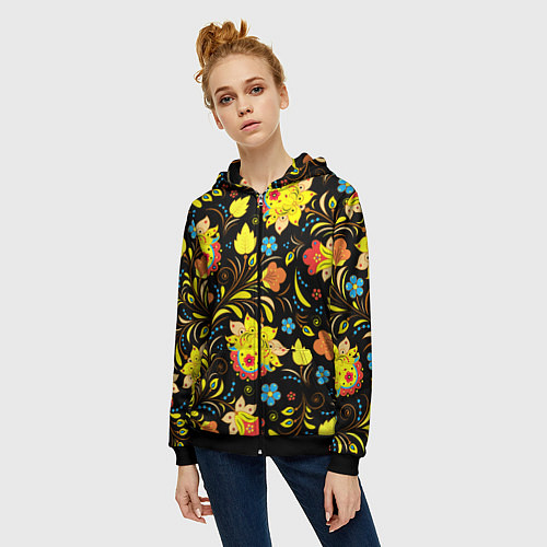 Женская толстовка на молнии Хохлома узор / 3D-Черный – фото 3