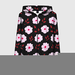 Толстовка на молнии женская Чёрный в светлый розовый цветочек паттерн, цвет: 3D-черный