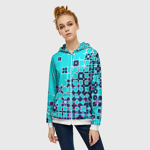 Женская толстовка на молнии Геометрическая метаморфоза на бирюзе / 3D-Белый – фото 3