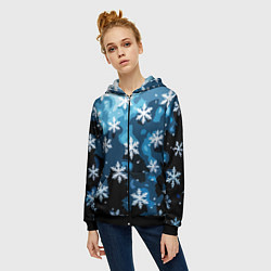 Толстовка на молнии женская Стилизованный паттерн со снежинками тёмно-синий, цвет: 3D-черный — фото 2