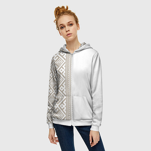 Женская толстовка на молнии Узоры славянские в бежевом цвете / 3D-Белый – фото 3