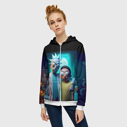Женская толстовка на молнии Rick with Morty - halloween night / 3D-Белый – фото 3