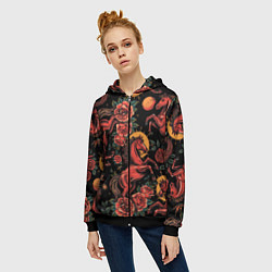 Толстовка на молнии женская Красная лошадь с розами, цвет: 3D-черный — фото 2