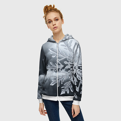 Женская толстовка на молнии Снежинка на черно белое / 3D-Белый – фото 3