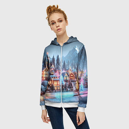 Женская толстовка на молнии Городок в новогодних огоньках / 3D-Белый – фото 3