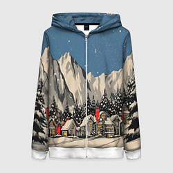 Толстовка на молнии женская Небольшой новогодний город в горах, цвет: 3D-белый