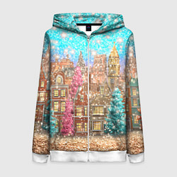 Толстовка на молнии женская Новогодний город в блестках, цвет: 3D-белый