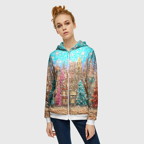 Женская толстовка на молнии Новогодний город в блестках / 3D-Белый – фото 3