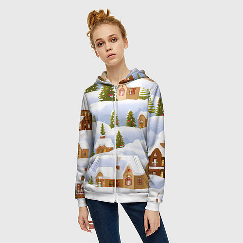 Женская толстовка на молнии Новогодние домики и елочки / 3D-Белый – фото 3