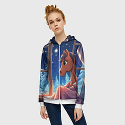 Толстовка на молнии женская Лошадка зимней звездной ночью, цвет: 3D-белый — фото 2