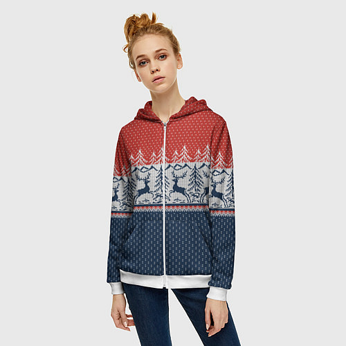 Женская толстовка на молнии Вязаный узор с оленями / 3D-Белый – фото 3