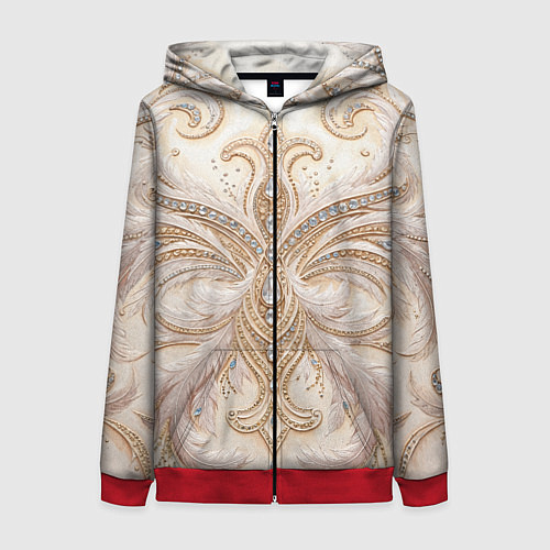 Женская толстовка на молнии Перламутровый орнамент с перьями / 3D-Красный – фото 1