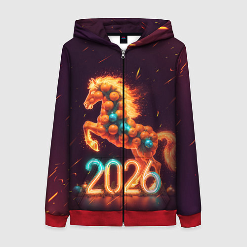 Женская толстовка на молнии Новогодняя мандариновая лошадь 2026 / 3D-Красный – фото 1
