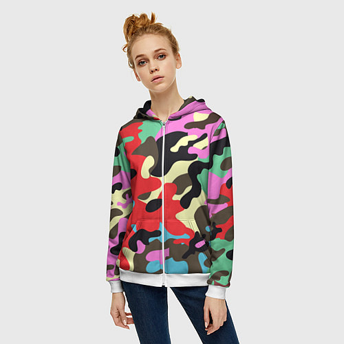 Женская толстовка на молнии Яркий камуфляж / 3D-Белый – фото 3