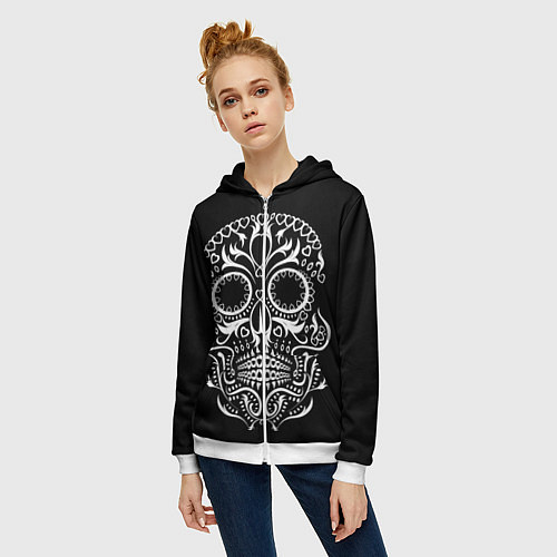 Женская толстовка на молнии Мексиканский череп на черном / 3D-Белый – фото 3