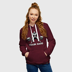 Толстовка-худи хлопковая женская Train hard тренируйся усердно, цвет: меланж-бордовый — фото 2