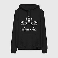 Толстовка-худи хлопковая женская Train hard тренируйся усердно, цвет: черный