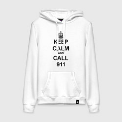 Толстовка-худи хлопковая женская Keep Calm & Call 911, цвет: белый