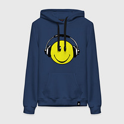 Толстовка-худи хлопковая женская Смайлик в наушниках, цвет: тёмно-синий