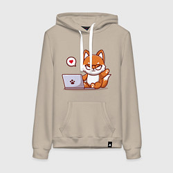 Толстовка-худи хлопковая женская Cute fox and laptop, цвет: миндальный