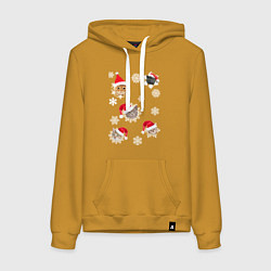 Толстовка-худи хлопковая женская Новогодние Коты в Шапках, цвет: горчичный