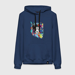 Толстовка-худи хлопковая женская Лев в цветах и перьях, цвет: тёмно-синий