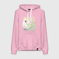 Толстовка-худи хлопковая женская Белый попугай с хохолком на фоне листьев пальмы, цвет: светло-розовый