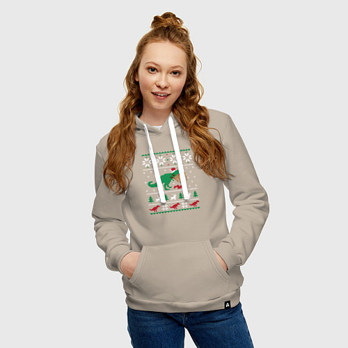 Женская толстовка-худи Новогодний тирекс - ugly sweater / Миндальный – фото 3