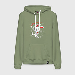 Толстовка-худи хлопковая женская Подмигивающий кролик в снежинках, цвет: авокадо