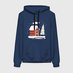 Толстовка-худи хлопковая женская Зимний домик, цвет: тёмно-синий
