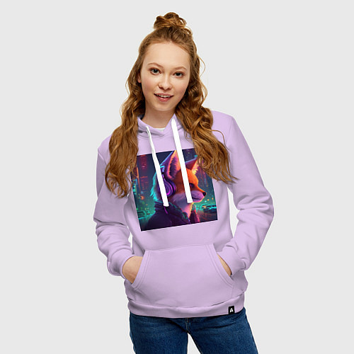 Женская толстовка-худи Лис в наушниках на фоне киберпанк-города / Лаванда – фото 3