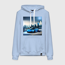 Толстовка-худи хлопковая женская Спортивная машина на фоне города, цвет: мягкое небо