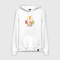 Толстовка-худи хлопковая женская Happy MILF Любовь, счастье и свобода, цвет: белый